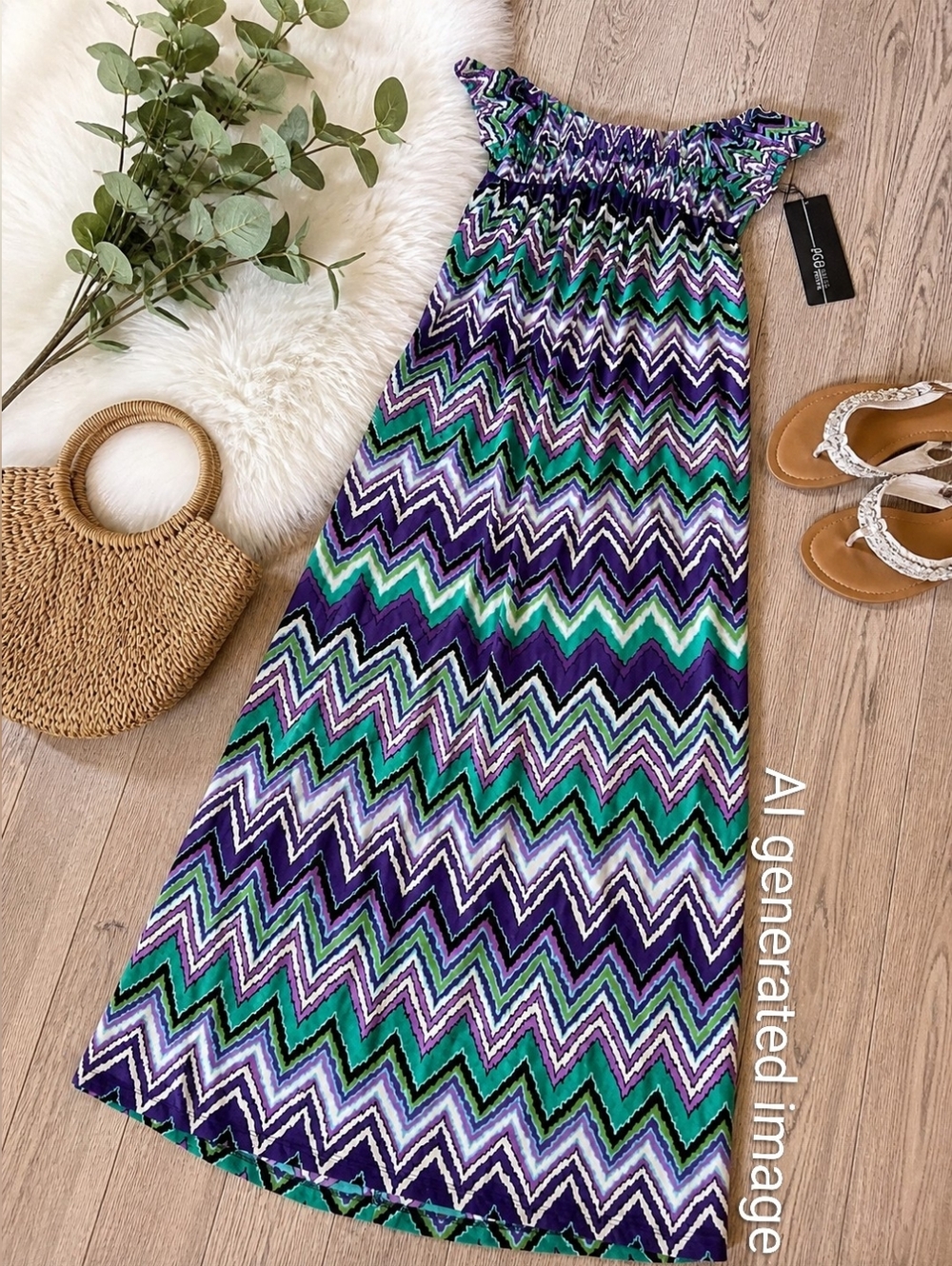 AGB Petite Maxi Dress |4P| Purple Teal Chevron |Cap Sleeves| Stretch NWT